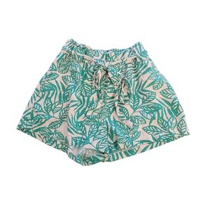 Tropical Print Paperbag Waist Shorts | Size Large | Green + Beige
